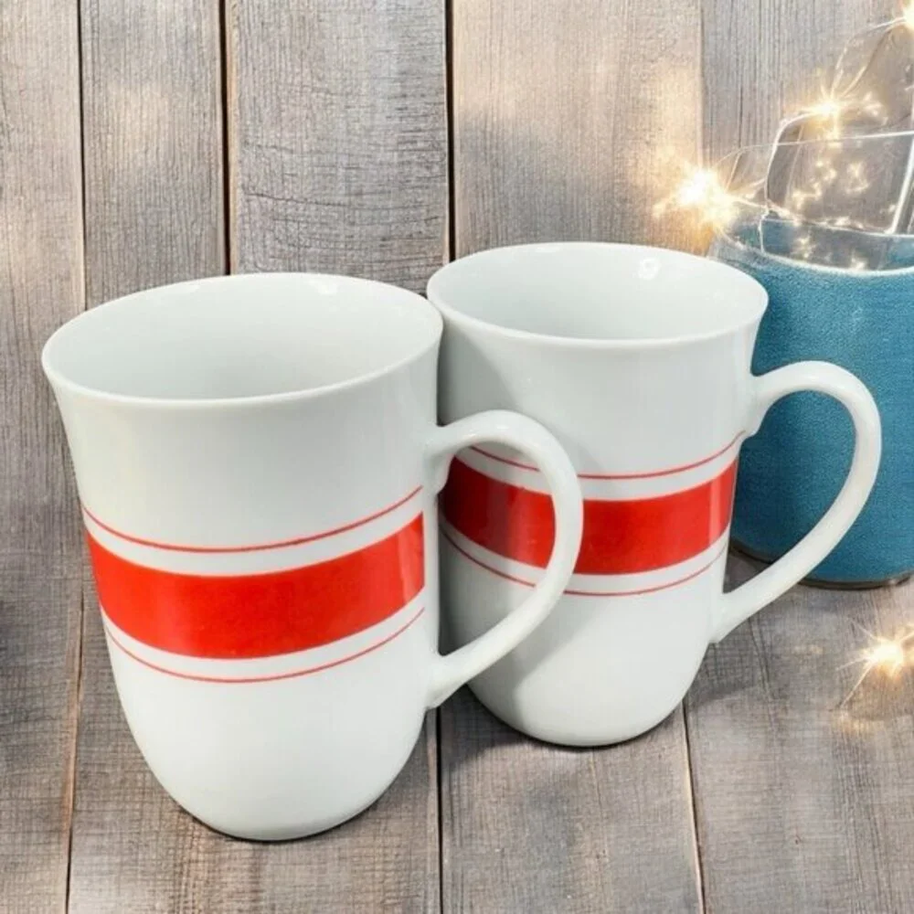 Vintage Leonard White Ceramic Coffee Mug Cup Set 2 Red Orange Band Mugs Cups Set